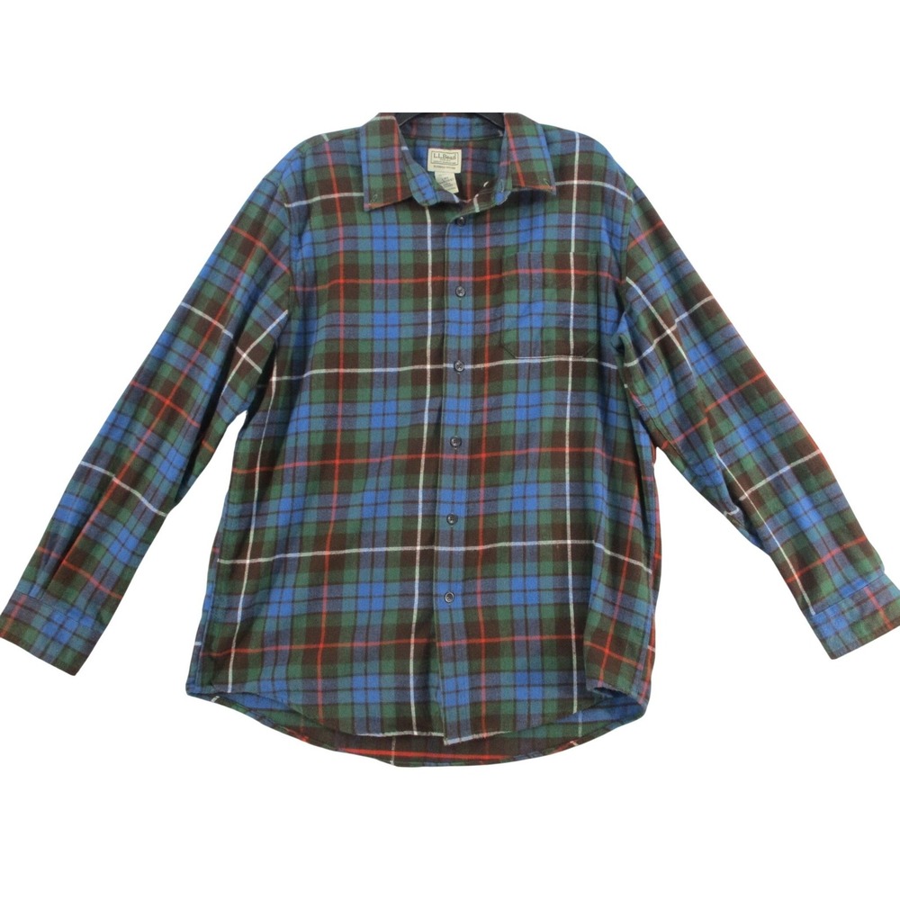 LL Bean Mens Blue Green Plaid Flannel Button Down Shirt Long Sleeve Large